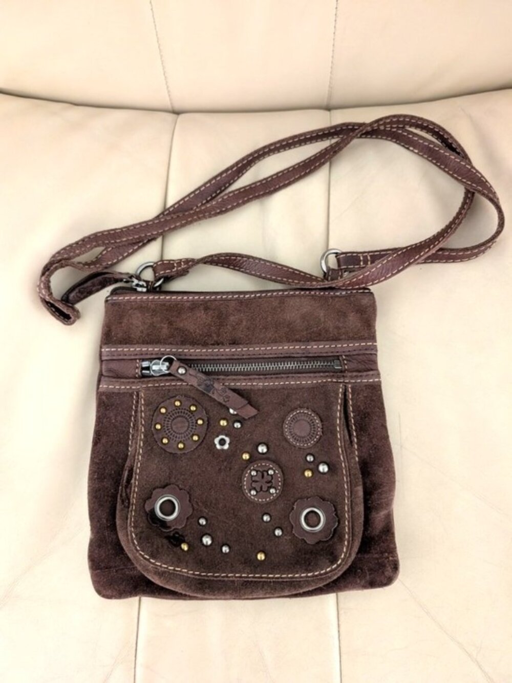 Fossil Brown Suede Crossbody Bag with Stud & Grommet Detail